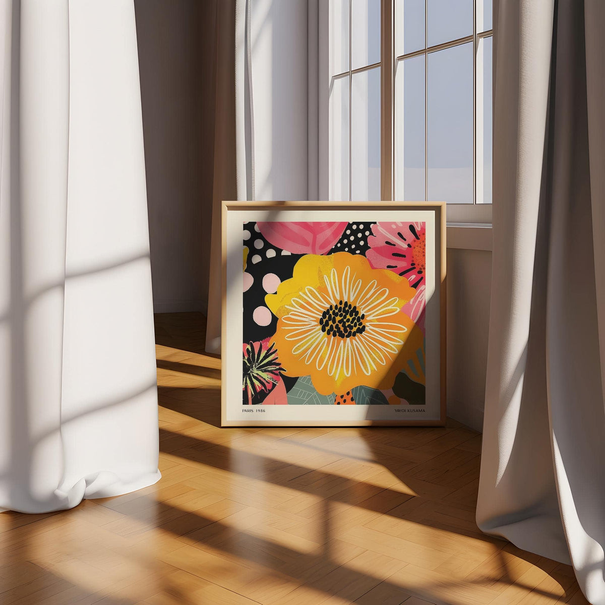 Flower Posters print leaning on a wooden floor by a large window with curtains and sunlight