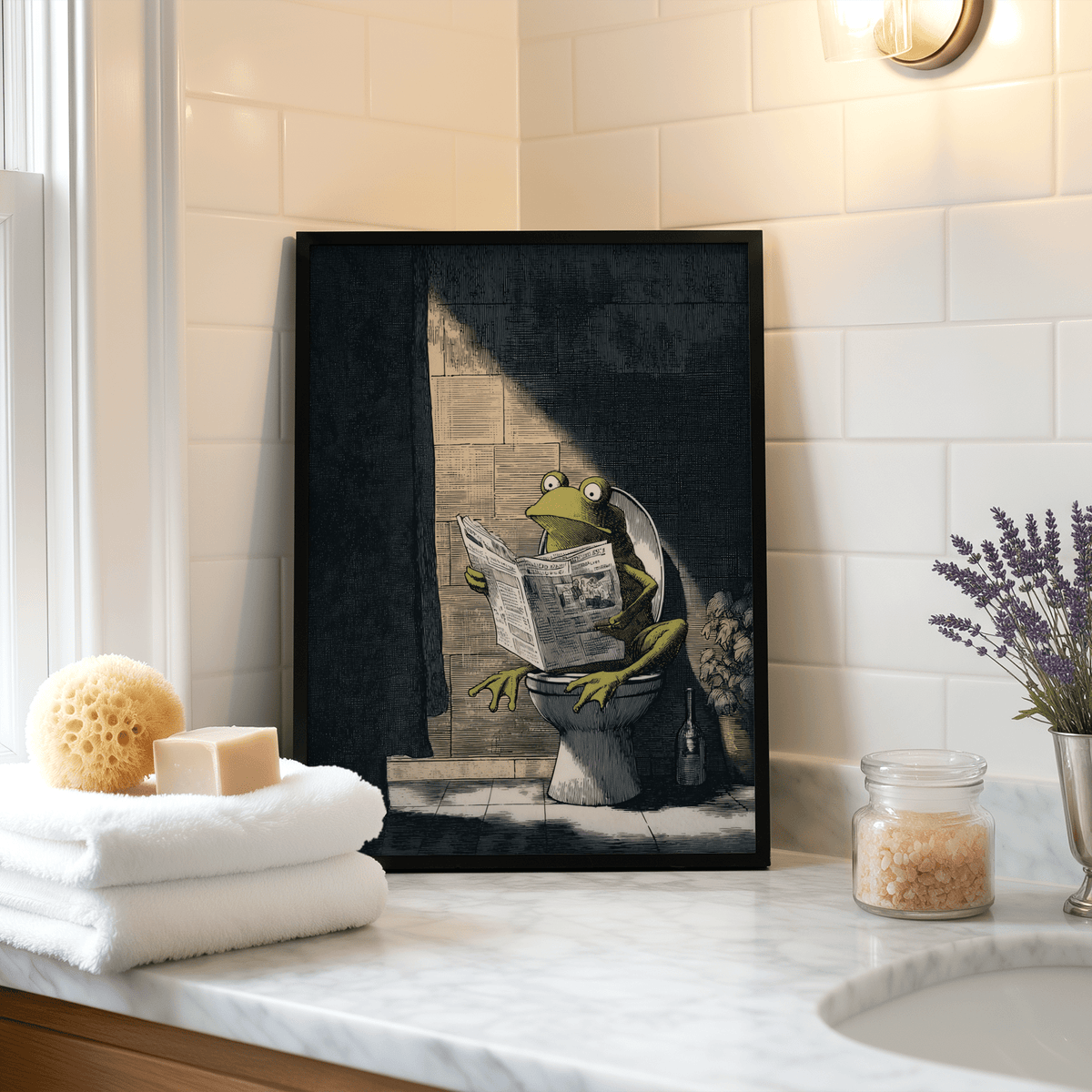 Framed Funny Frog Art Print with a green frog reading a newspaper by a sink with lavender