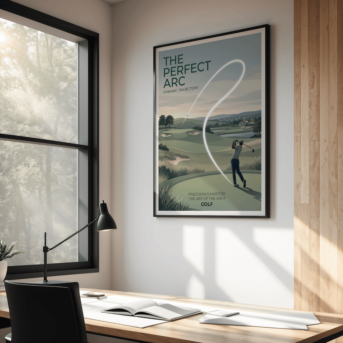 Golf Course wall art showing a golfer and trajectory arc in retro style hanging above a desk with a lamp