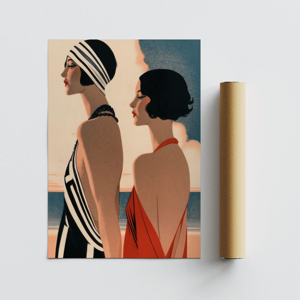 Art Deco Riviera Fashion Print flat on surface beside a brown packaging tube showing two elegant women in black white and red