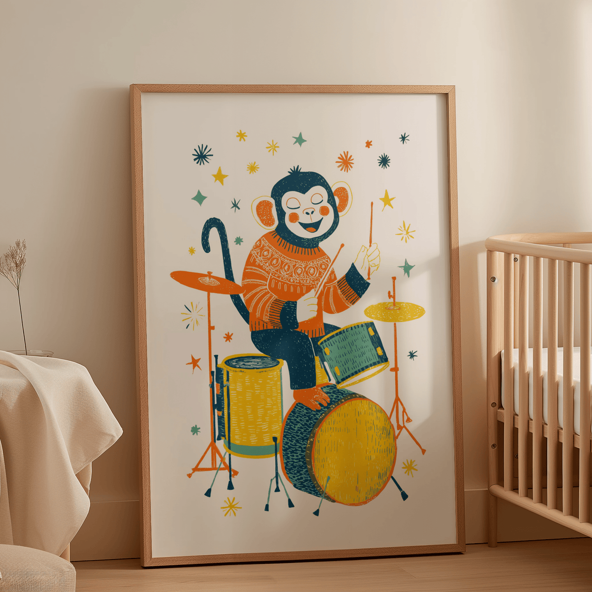 Monkey Drummer art print leaning on the floor with stars and bright drums in a nursery