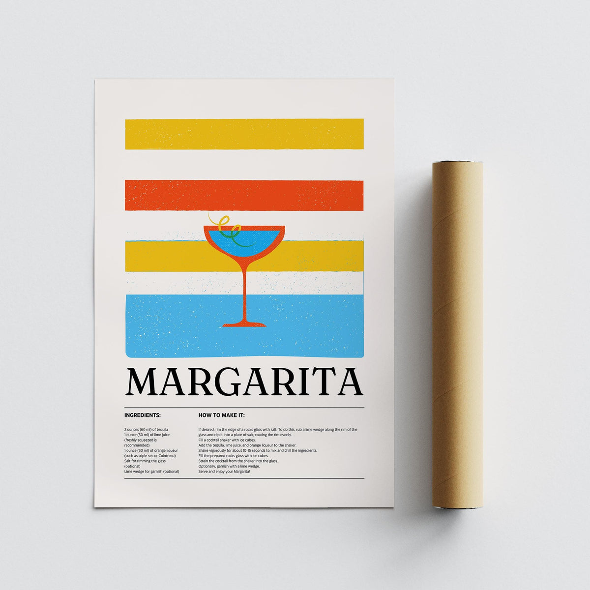 Margarita wall art on white with a rolled packaging tube to the side showing minimalist illustration and text