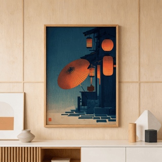 Japanese night scene wall art with red paper lanterns and umbrella in a light wood frame