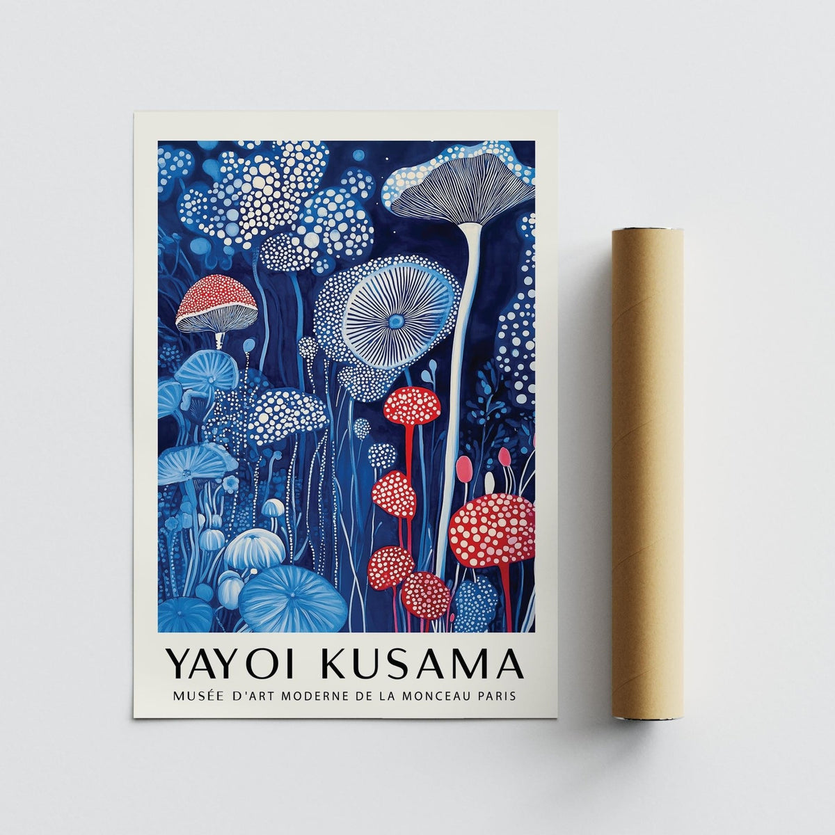 Mushroom print showing red and blue mushrooms alongside a cardboard packaging tube