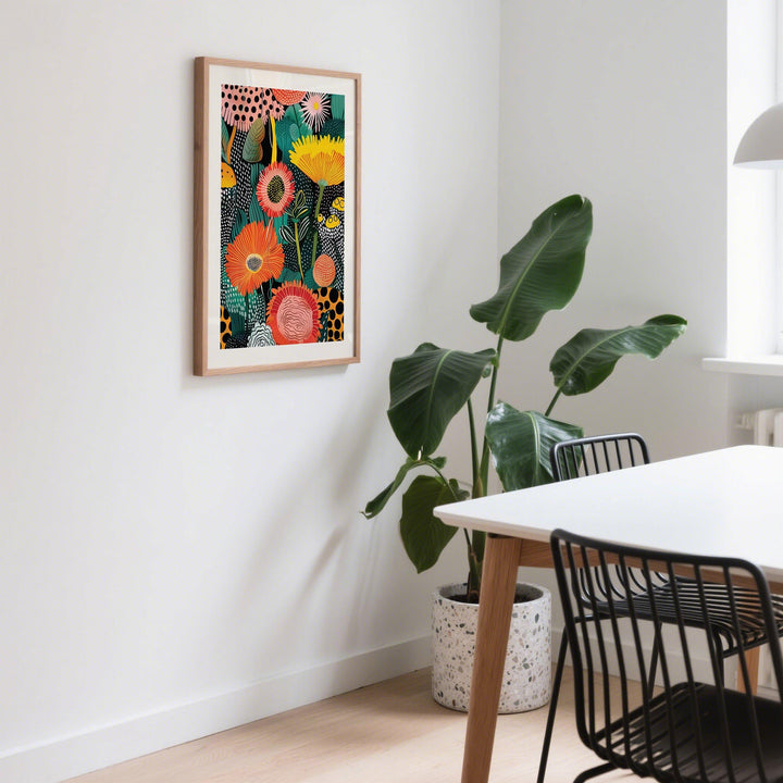 Beautiful Flower Art print on a wall with colourful abstract flowers and leaves beside a dining table with black chairs