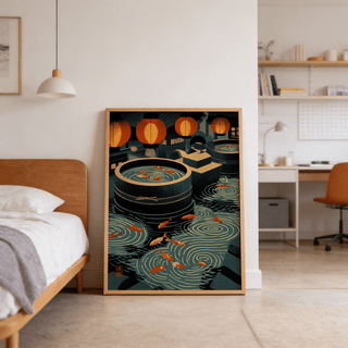 Print of Japanese koi art print showing bright orange fish in dark blue water leaning on the floor in a bedroom