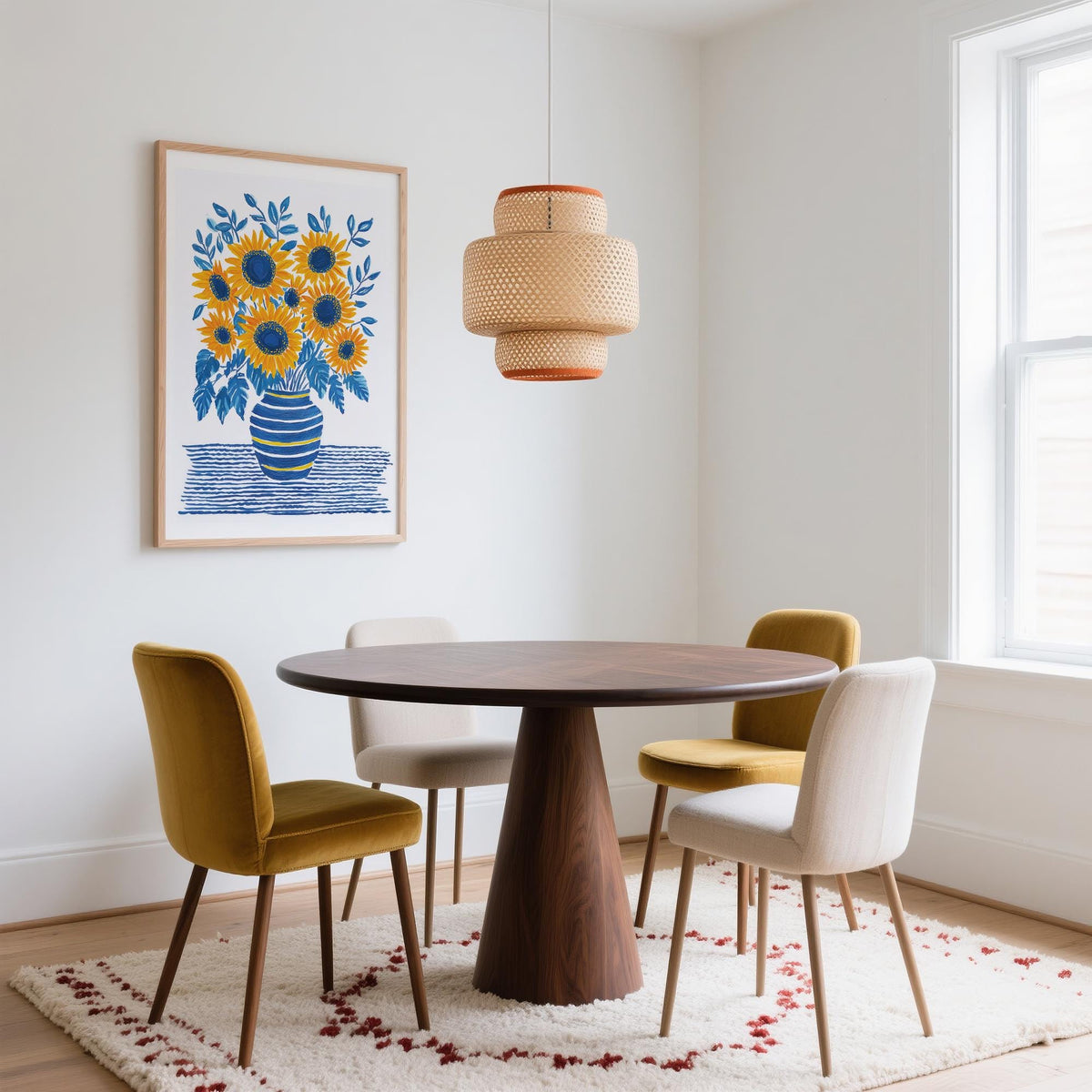Sunflower Print on a dining room wall with a round wooden table and mustard and cream chairs