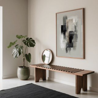 Large Wabi Sabi Print of abstract layered shapes in muted tones hung above a wooden bench with a round mirror