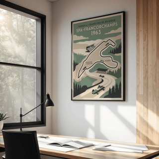 Print on a wall of Belgian Race Circuit Map Poster in green beige and black colours above a wooden desk