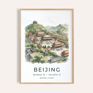 Framed close-up of Beijing wall art with watercolour illustration of Forbidden City and text