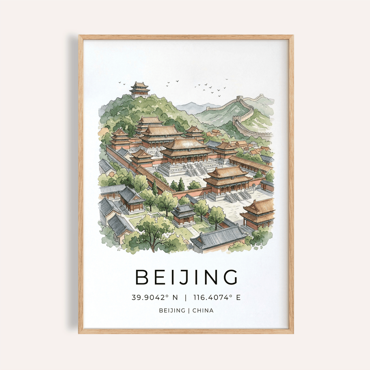 Framed close-up of Beijing wall art with watercolour illustration of Forbidden City and text