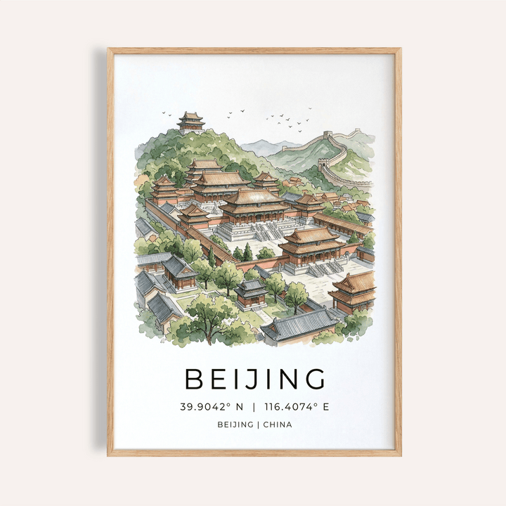 Framed close-up of Beijing wall art with watercolour illustration of Forbidden City and text