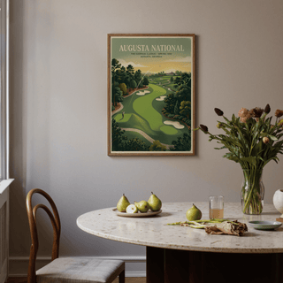 Southern Golf Course Poster framed print above a dining table with fruit plate and flowers