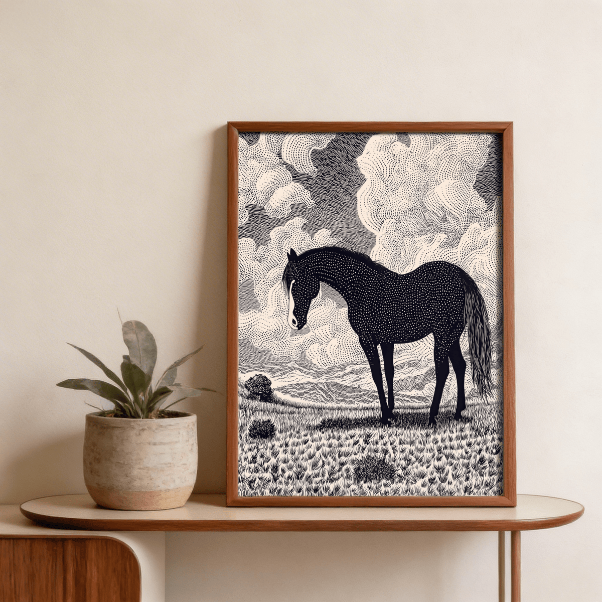 Framed black horse art print in line-art style on a table beside a green plant