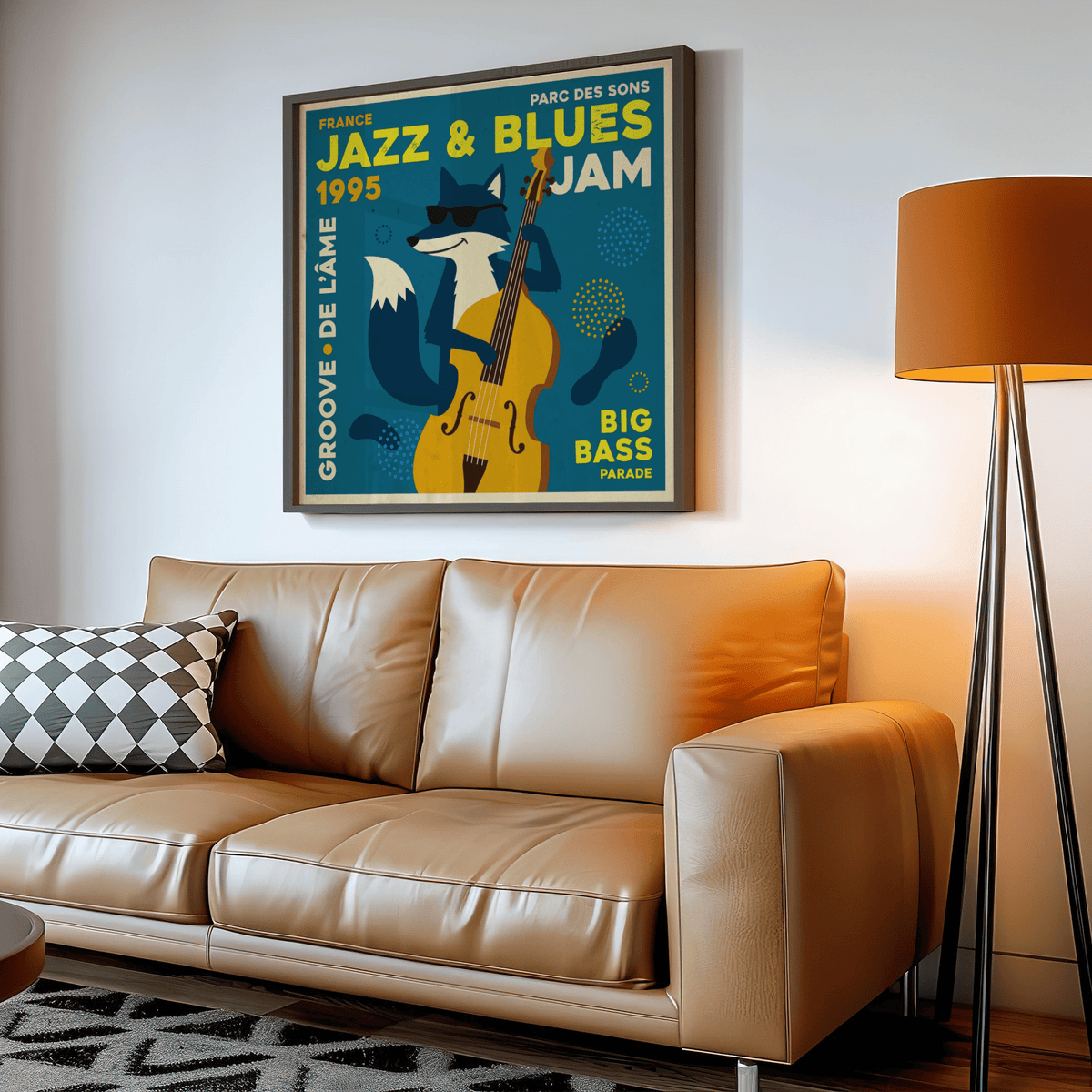Jazz Blues Art framed print of fox playing double bass in retro style above a tan sofa with patterned cushion