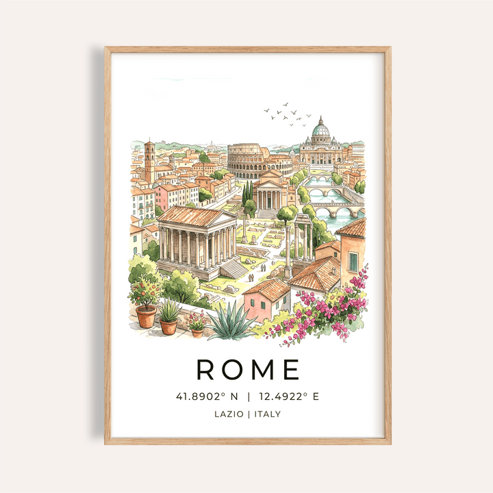 Framed Rome print from Italy Travel Wall Art showing a detailed watercolour cityscape with historic buildings