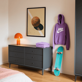 Sports wall art of a basketball on a beige court with white stripe above a dark grey dresser and beside a skateboard