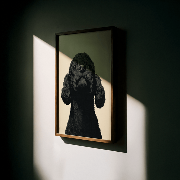 Black Poodle Art framed print close-up showing a black poodle illustration in dappled sunlight