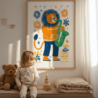 Saxophone Lion Art Print in natural wood frame with blue and orange colours in softly lit child's room