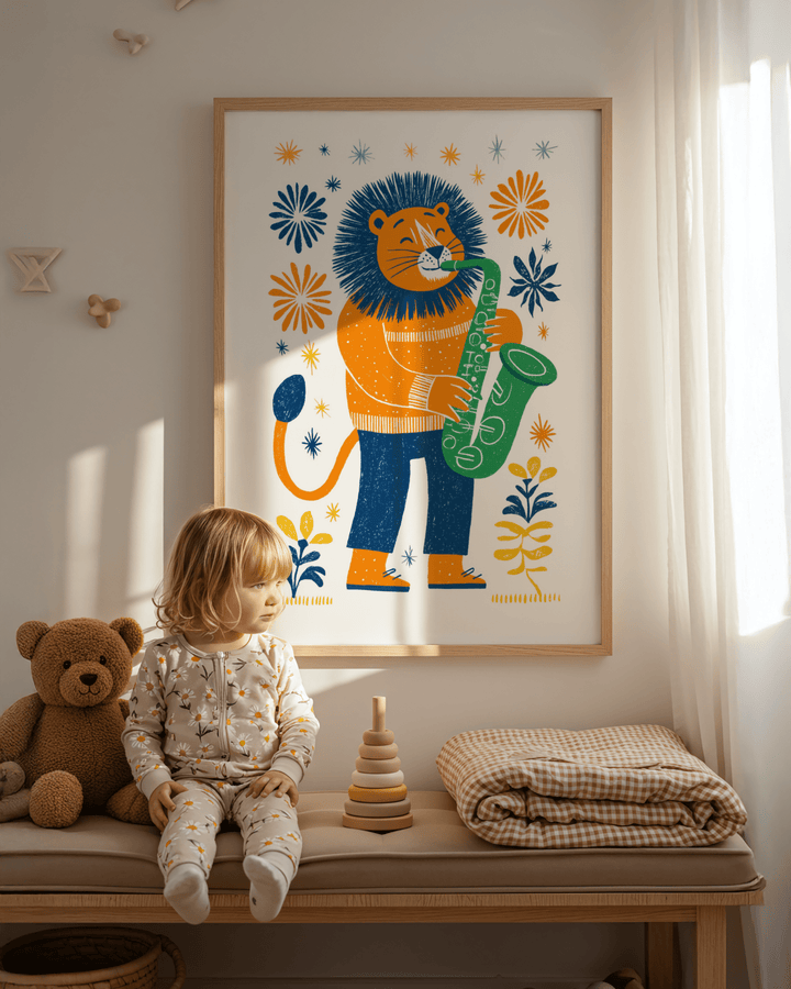 Saxophone Lion Art Print in natural wood frame with blue and orange colours in softly lit child's room