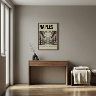 Galleria Umberto Art Print above a wooden desk in a muted grey room with natural light from a window