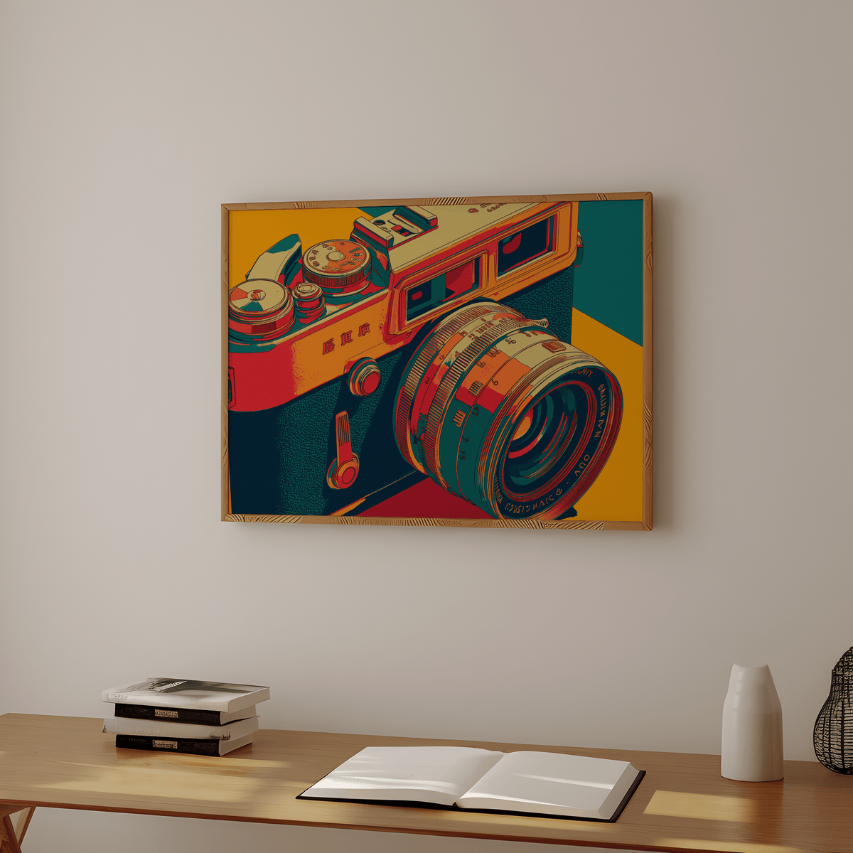 Vintage camera wall art in pop-art style with orange yellow and teal tones above desk with books and vase
