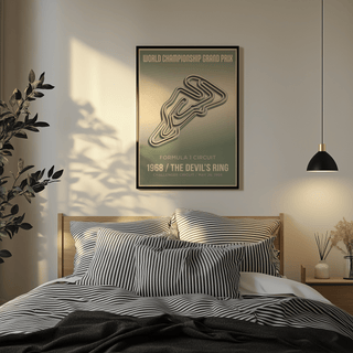 Vintage Street Circuit Map Poster framed on a bedroom wall with striped bedding and a hanging lamp