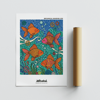 Fish poster print with vibrant goldfish and blue green aquatic background beside a brown packaging tube
