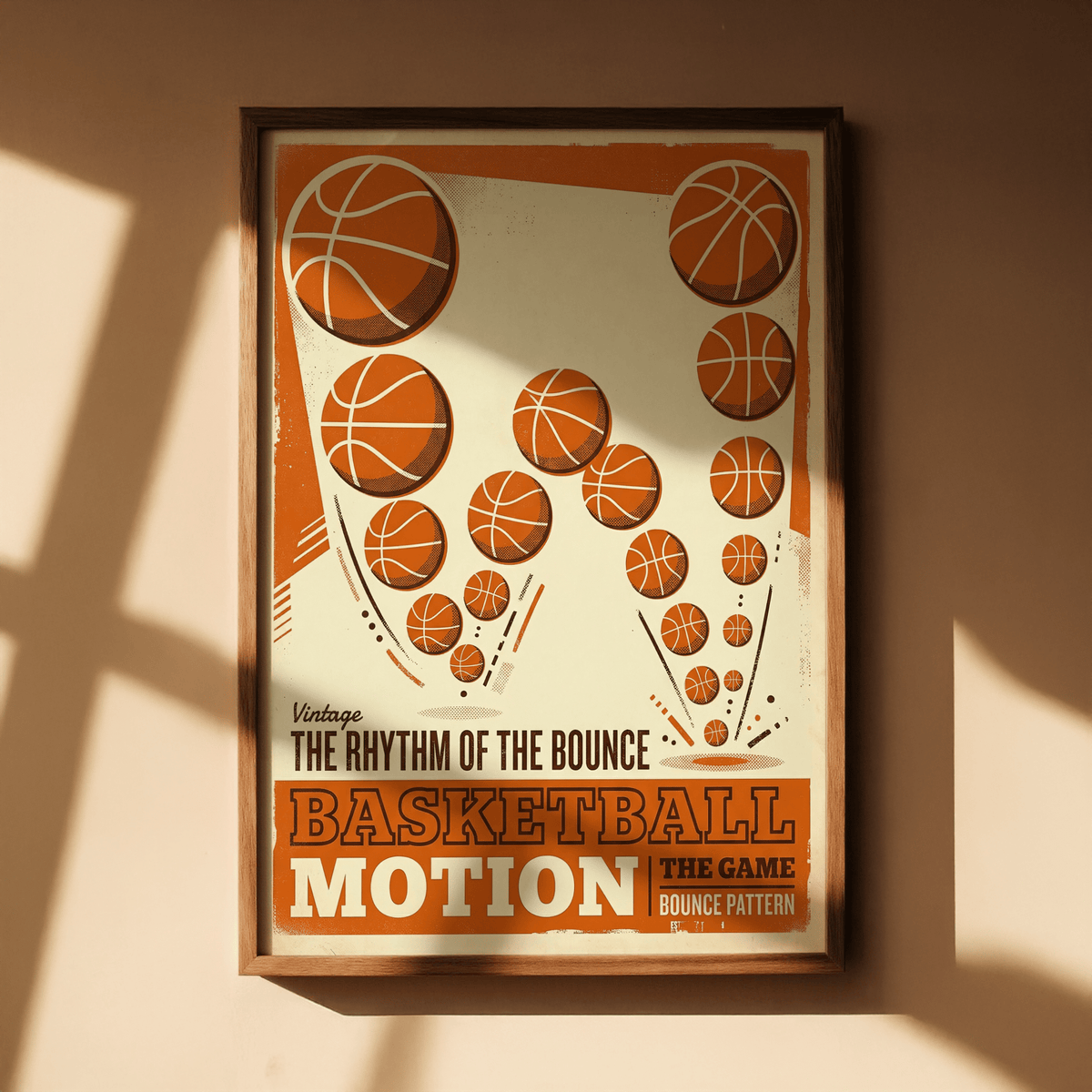 Framed Vintage Basketball Motion Art showing basketball bounce pattern in orange and cream with shadows