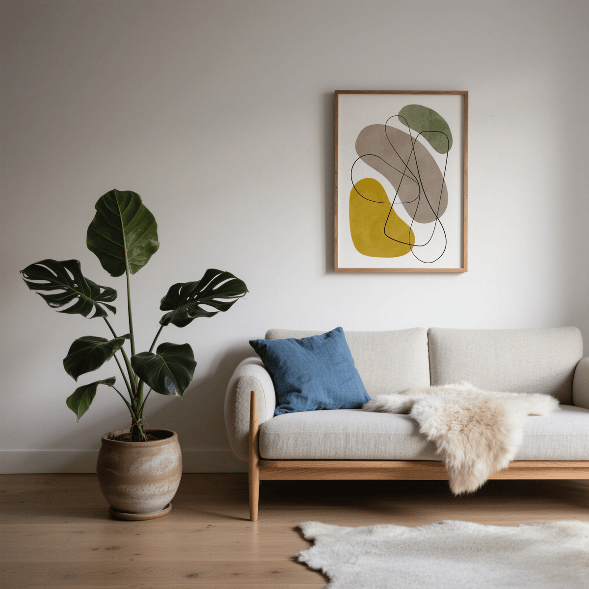 Geometric abstract poster with mustard yellow, olive and grey shapes above a sofa with a blue cushion and a plant