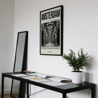 Amsterdam Passage wall art with black frame above a black console table and a plant in a white pot