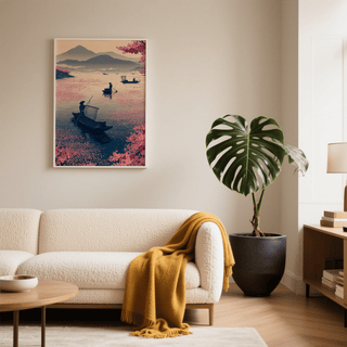 Zen Fishing Poster print on a wall with fishing boats in pink and blue tones next to a large potted plant in a living room