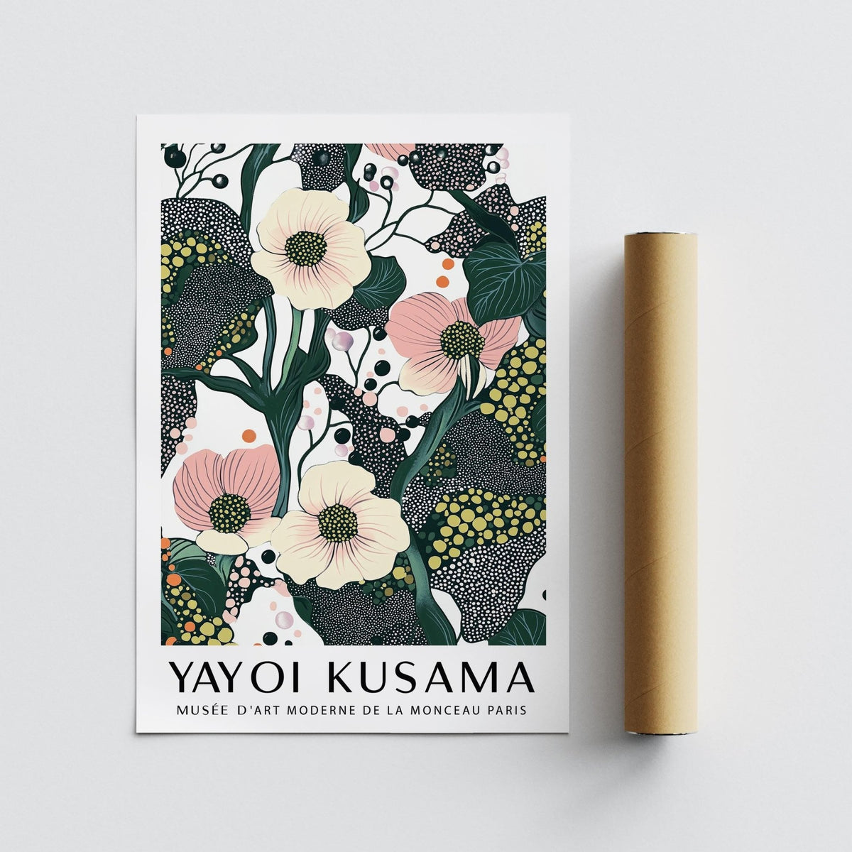 Green Pink Wall Art showing a close-up of poppy flowers in green pink and white beside a brown packaging tube