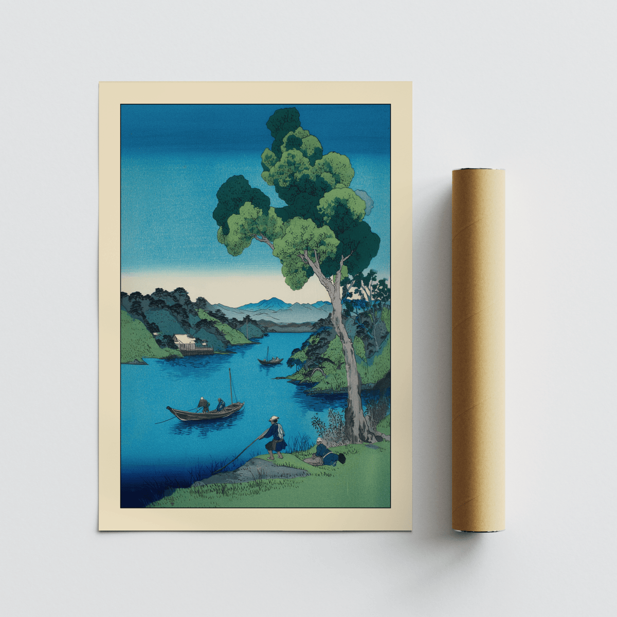Unframed print of a river landscape with boats and a tall tree beside a packaging tube