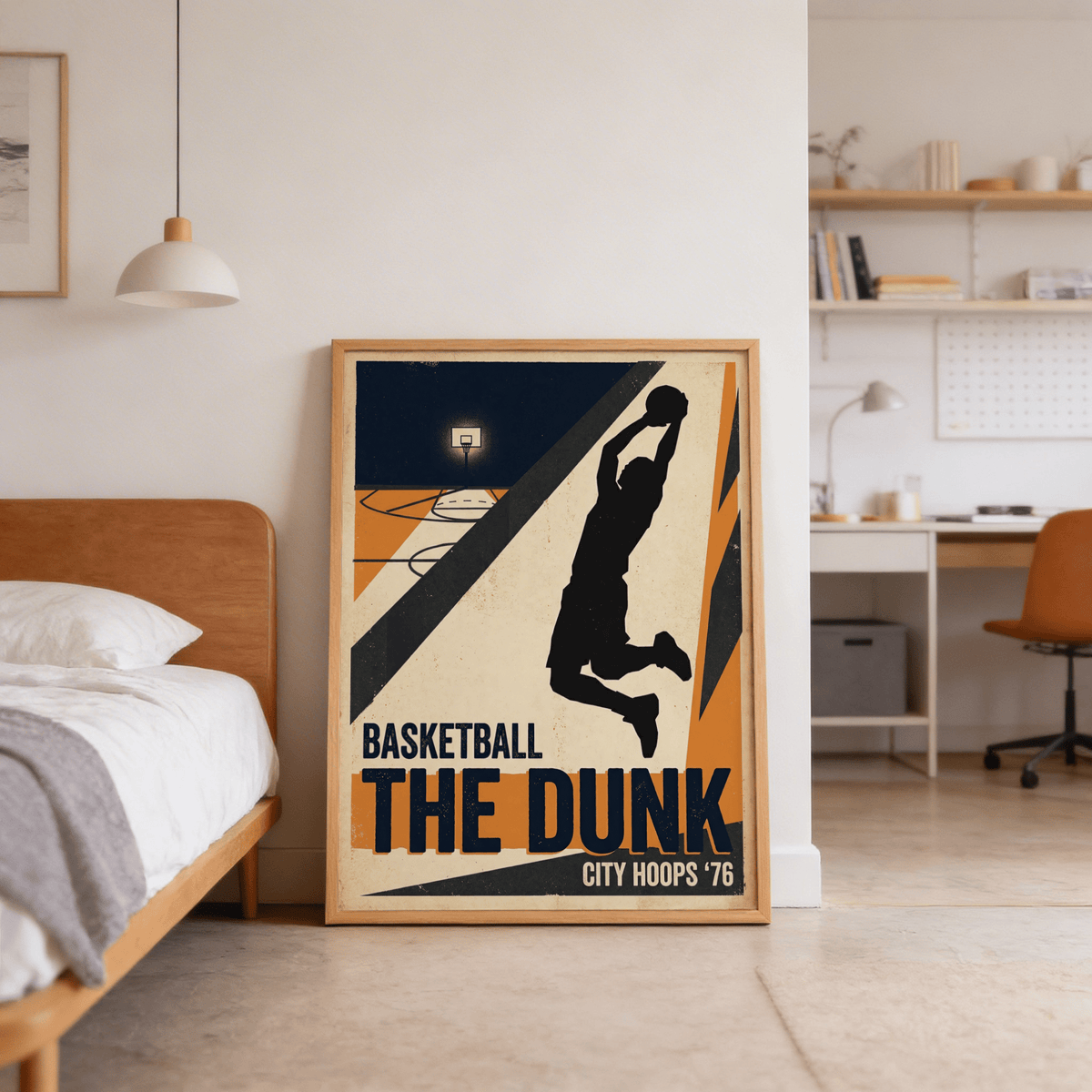 Basketball dunk art print leaning on the floor with minimalist retro design and muted colours in a bedroom
