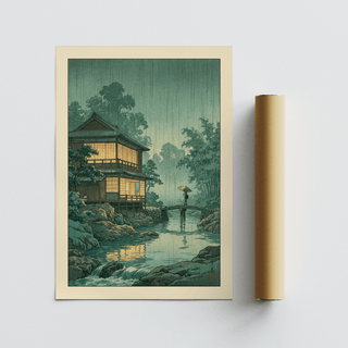 Japanese Landscape Wall Art showing a traditional house by water with rain and a figure under an umbrella alongside a packaging tube