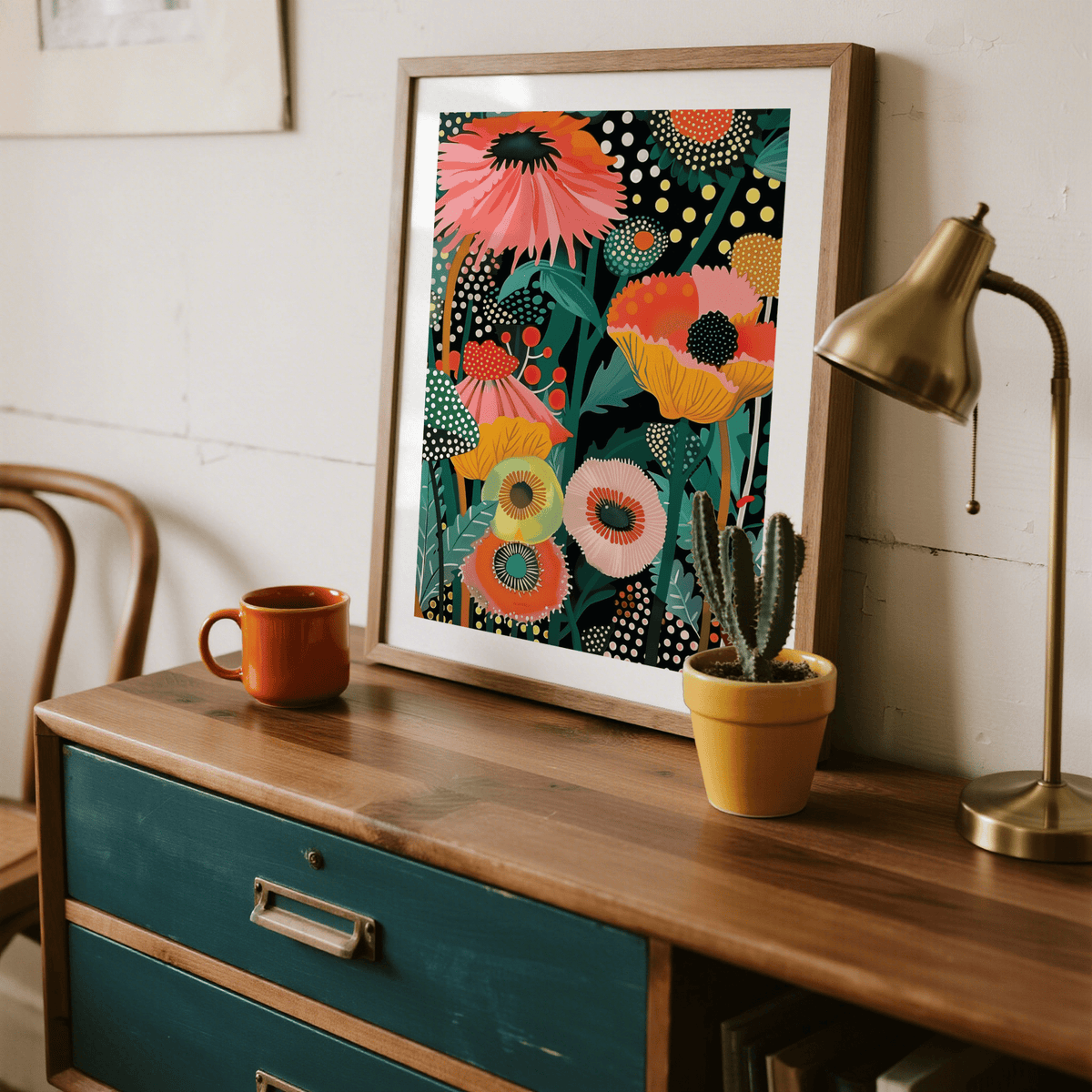 Print leaning on a shelf of tropical flowers with pink and orange tones near a lamp and cactus