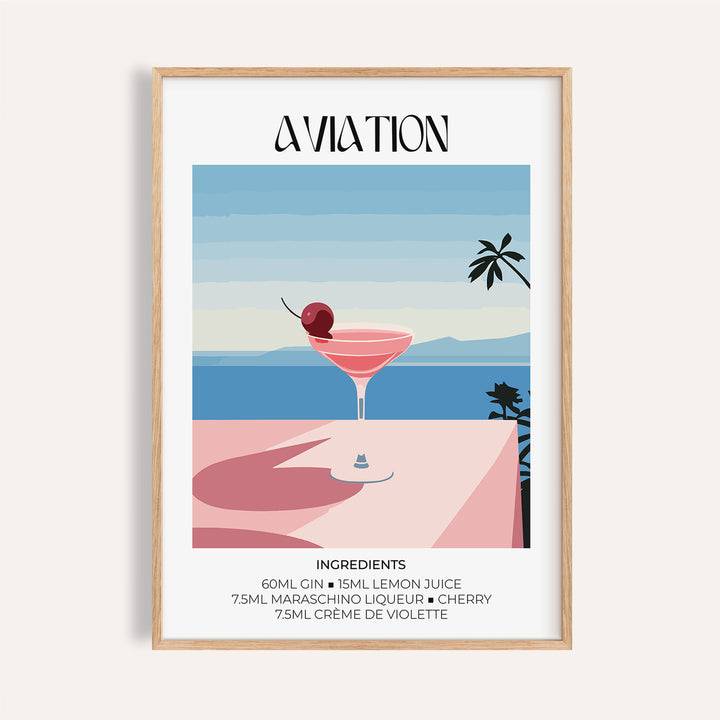 Prints of Cocktails framed print with minimalist aviation cocktail glass illustration in blue and pink