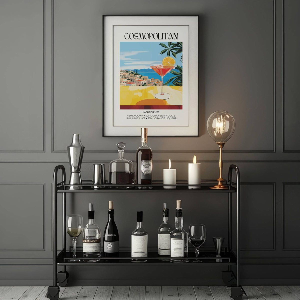 Drink Art framed print of a cosmopolitan cocktail illustration above a black drinks trolley