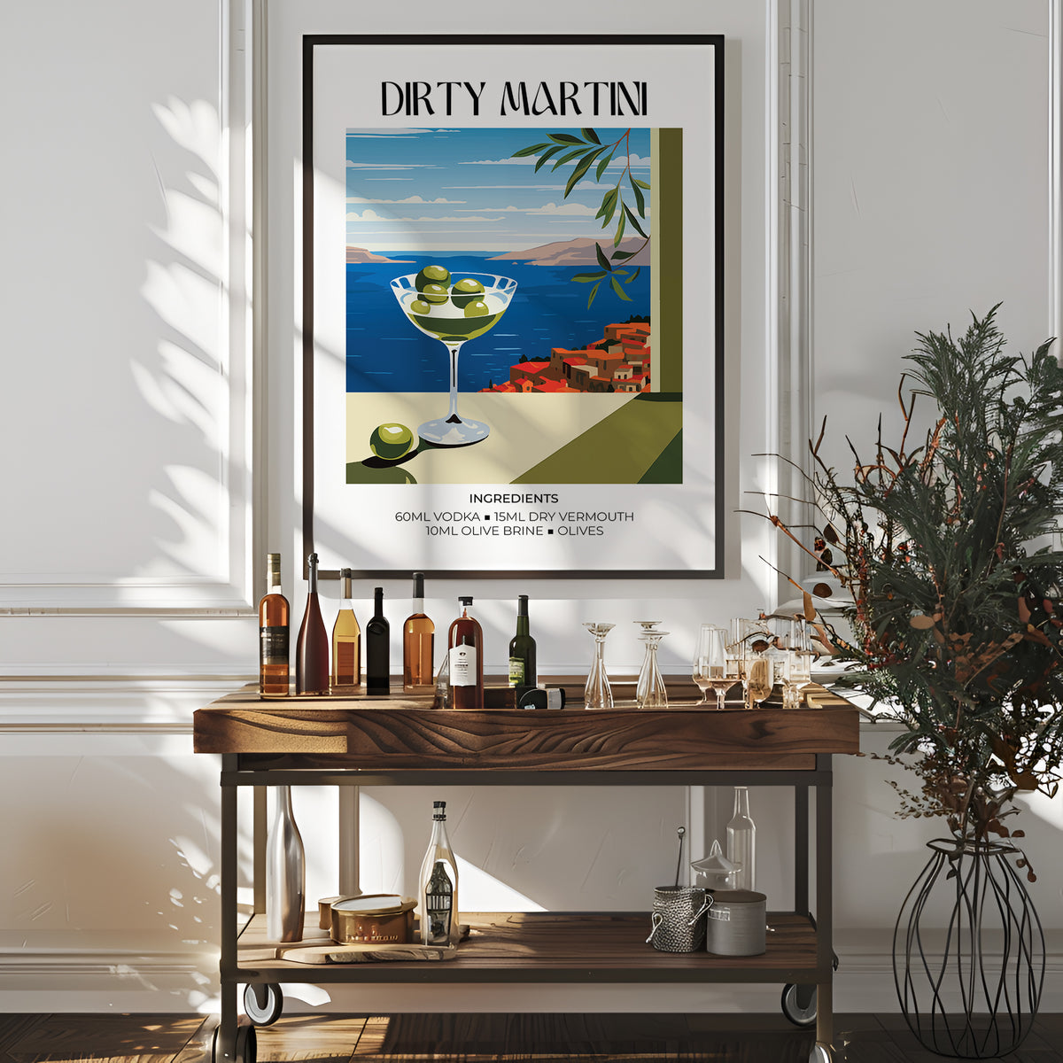 Home Bar Decor print of a dirty martini with olives and coastal view above a wooden bar table with bottles