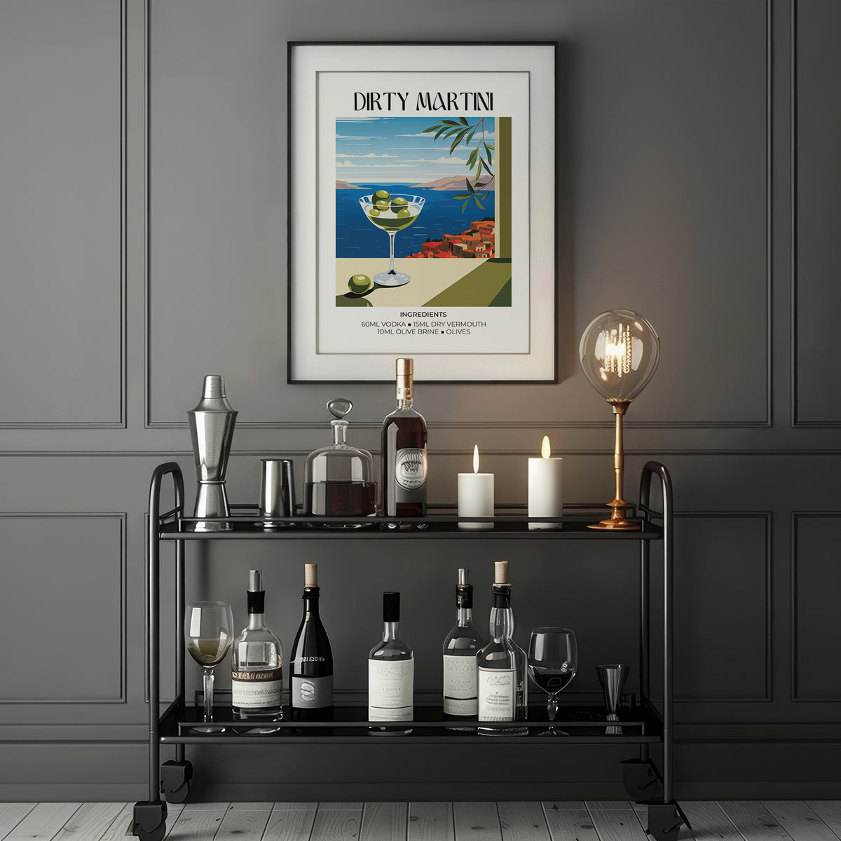 Home Bar Decor print of a minimalist dirty martini illustration above a black bar cart with bottles and candles