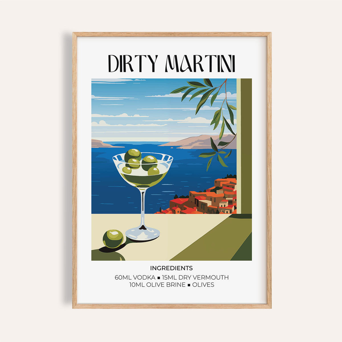Framed Matisse Dirty Martini illustration with olive and coastal view in blues and greens