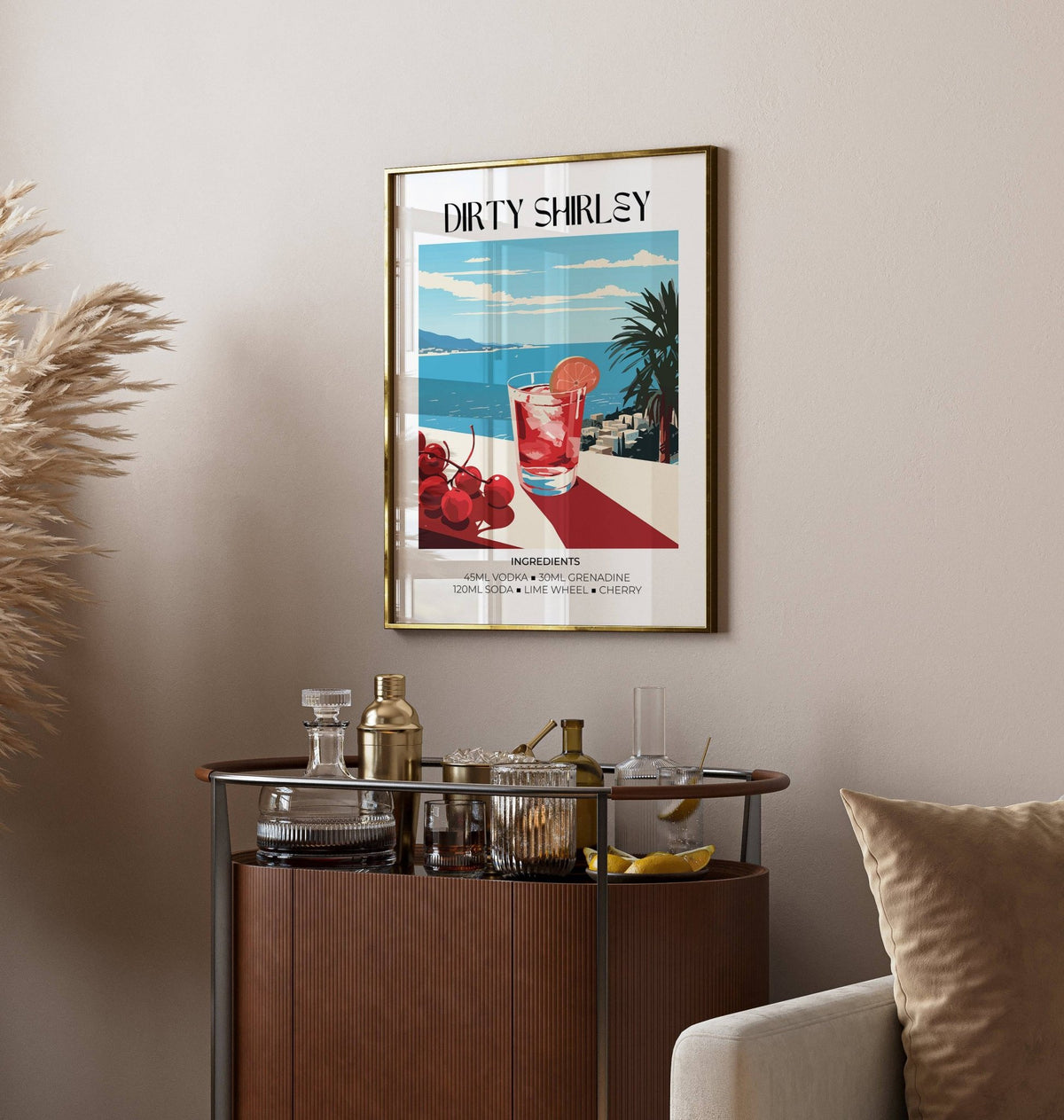 Bar wall pictures showing a minimalist Dirty Shirley cocktail illustration with a gold frame above a drinks trolley