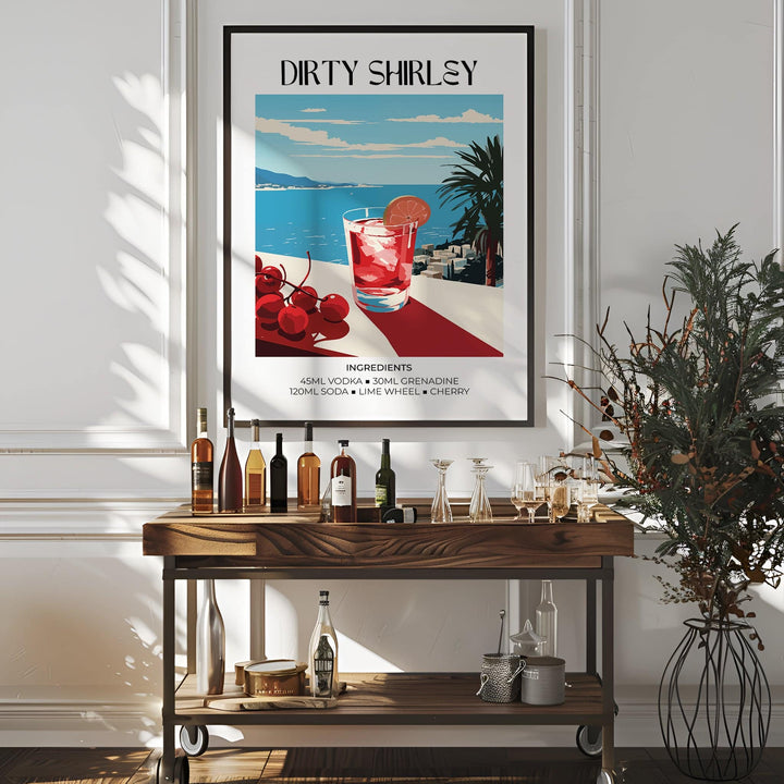 Bar Wall Pictures print of a Dirty Shirley cocktail with blue sea background above a drinks trolley