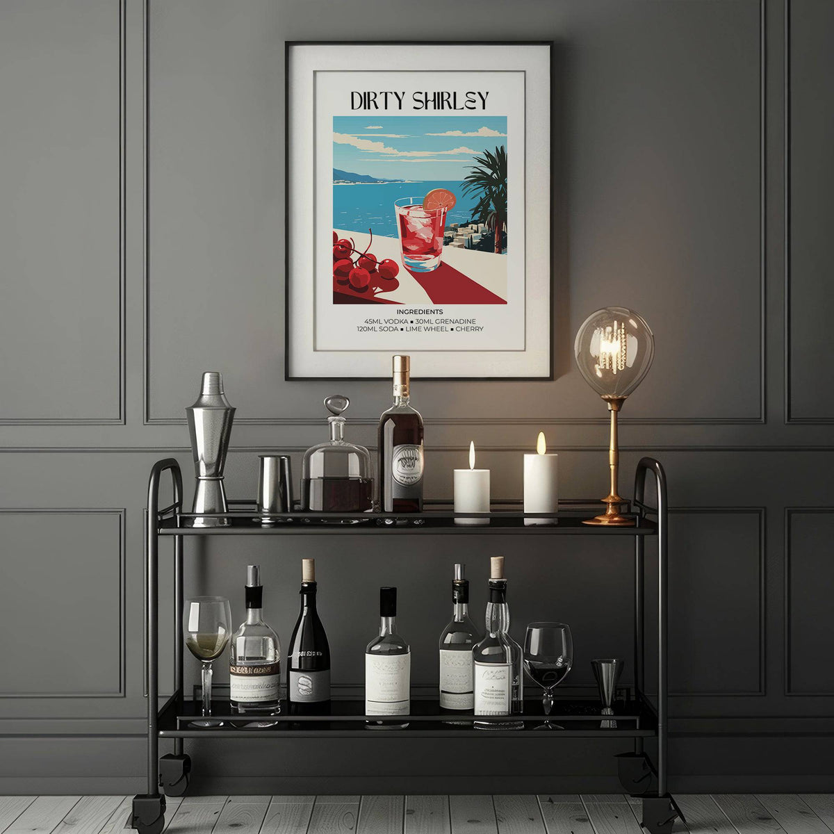 Bar wall pictures of a minimalist Dirty Shirley cocktail illustration above a bar trolley with bottles and a lamp