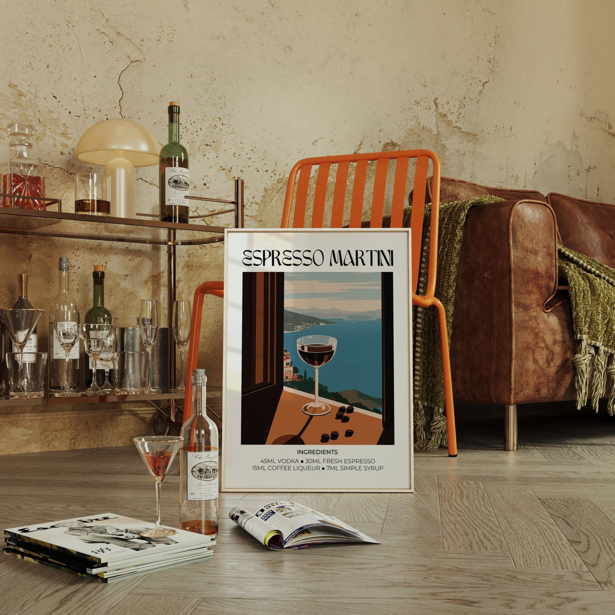 Espresso Martini Poster leaning on the floor in front of an orange chair with bottles and glasses nearby