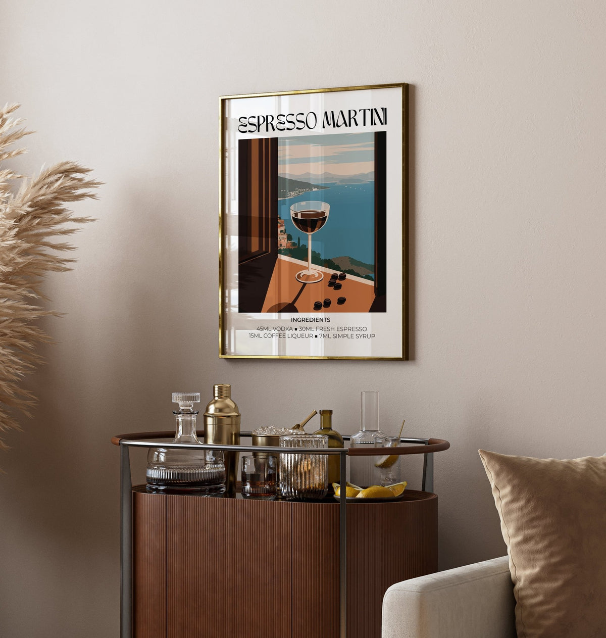 Espresso Martini Poster framed print on wall above a drinks trolley with glassware and decanters