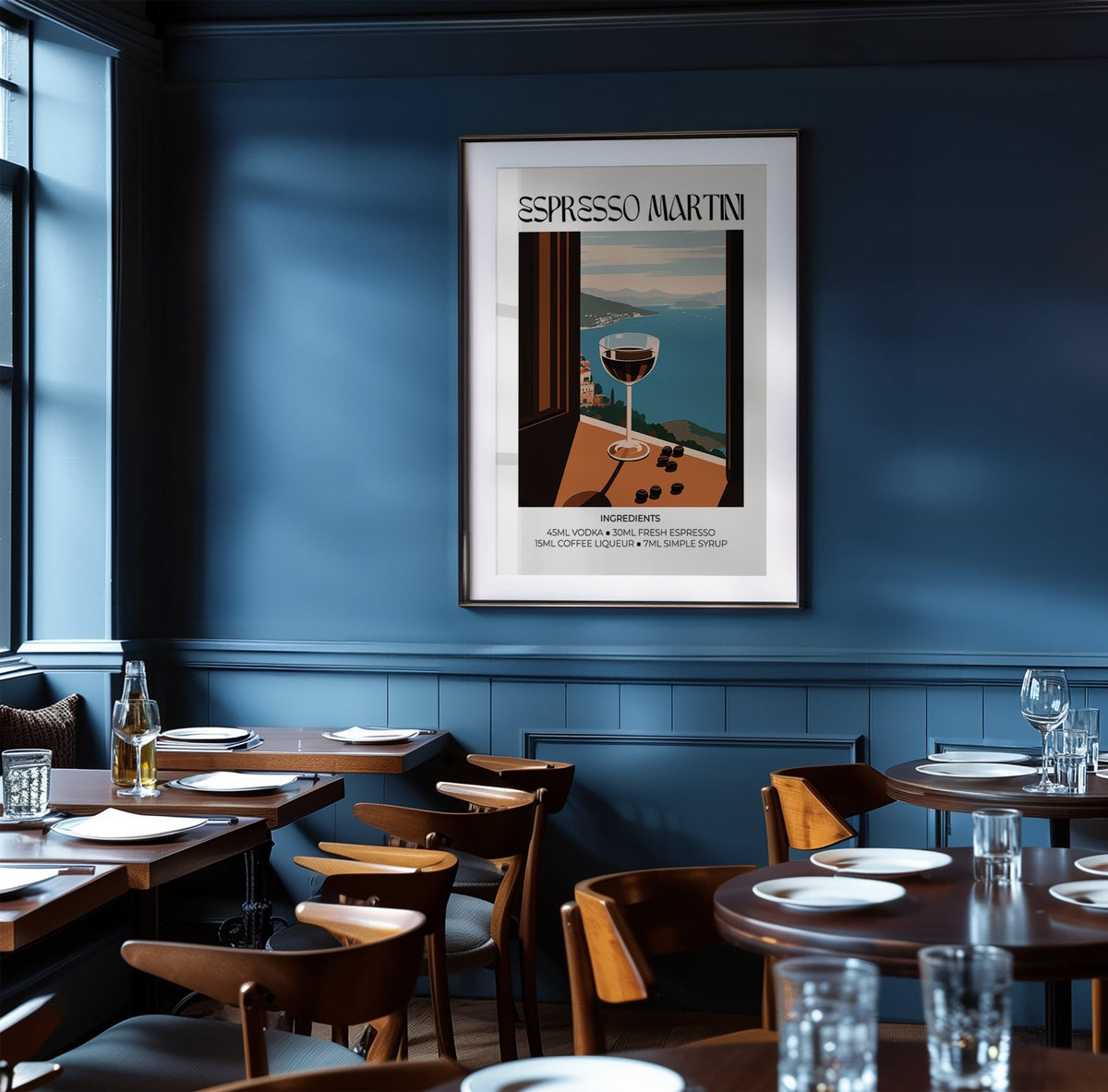 Espresso Martini Poster print on a dark blue wall above a dining setup in a restaurant
