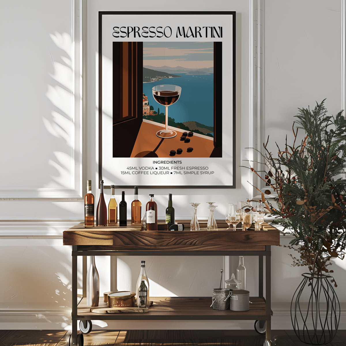 Framed Espresso Martini Poster in brown, blue and cream on a white wall above a bar trolley with bottles