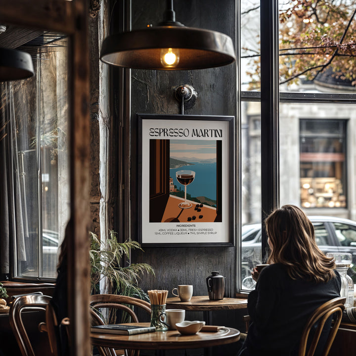 Espresso Martini Poster featuring a minimalist cocktail illustration in brown and blue in a cafe setting